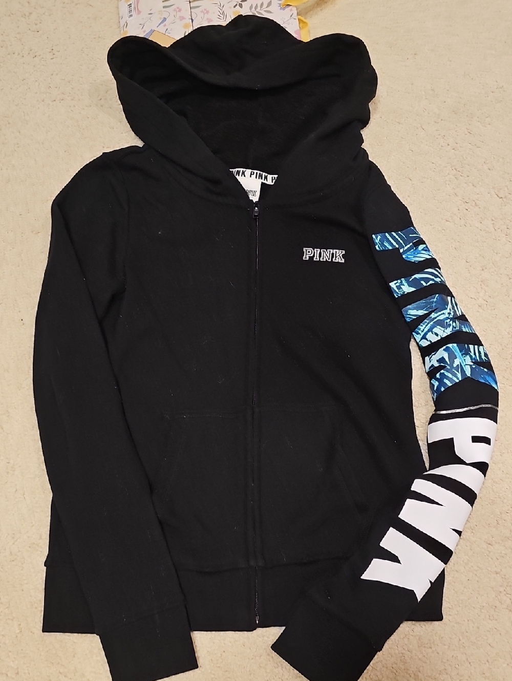 PINK Victoria's Secret Black Zip-Up Hoodie with Blue Graphic Sleeve